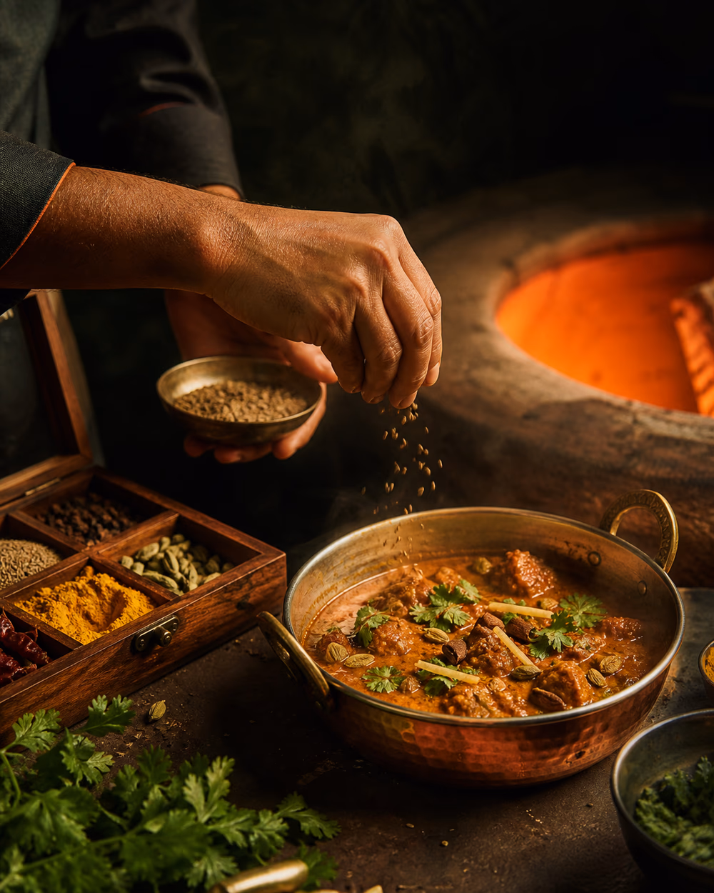 Editorial image of whole spices being layered beside a warm clay oven